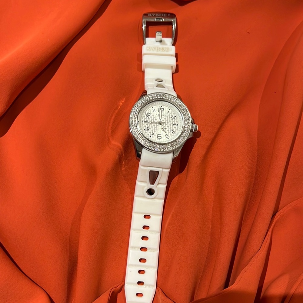 KYBOE! 40mm silver st. steel watch w/ silicone strap and Swarovski crystals